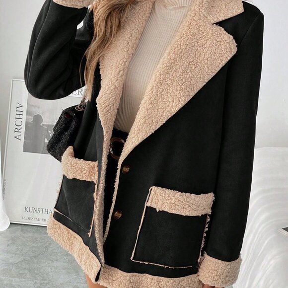 Black Casual Women's Fluffy Colorblock Warm Jacket - Picture 6 of 8